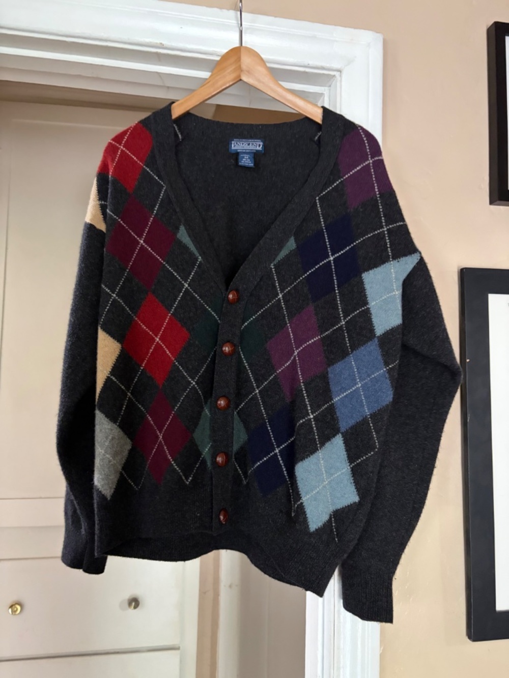 Lands' End 100% Lambswool Argyle Cardigan Sweater – Men's M Knit in Ireland 🇮🇪